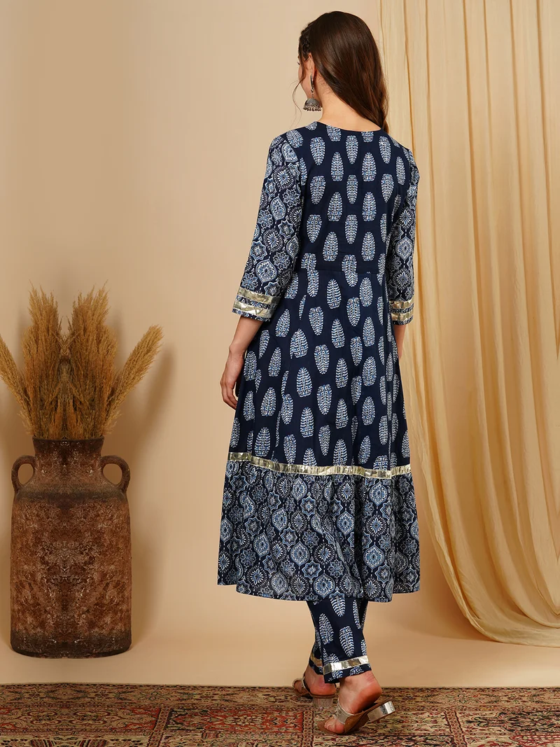 جلو باص Women Blue Ethnic Motifs Printed Angrakha Gotta Patti Pure Cotton Kurta With Trousers