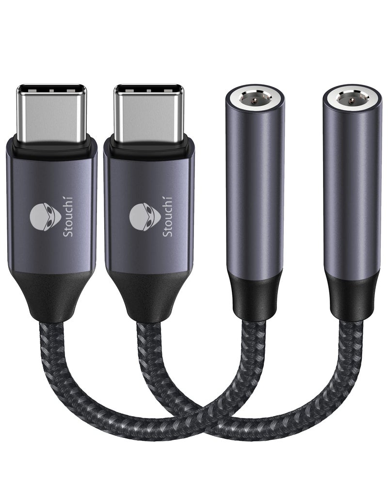 Stouchi محول صوت USB C إلى 3.5 مم (عبوتان) كابل جاك سماعة رأس نوع C شريحة DAC عالية الدقة لجهاز iPhone 17/16/15، Pixel 9/8/7/6، iPad، Samsung Galaxy S25 S24 S23 Ultra - رمادي - Image 1