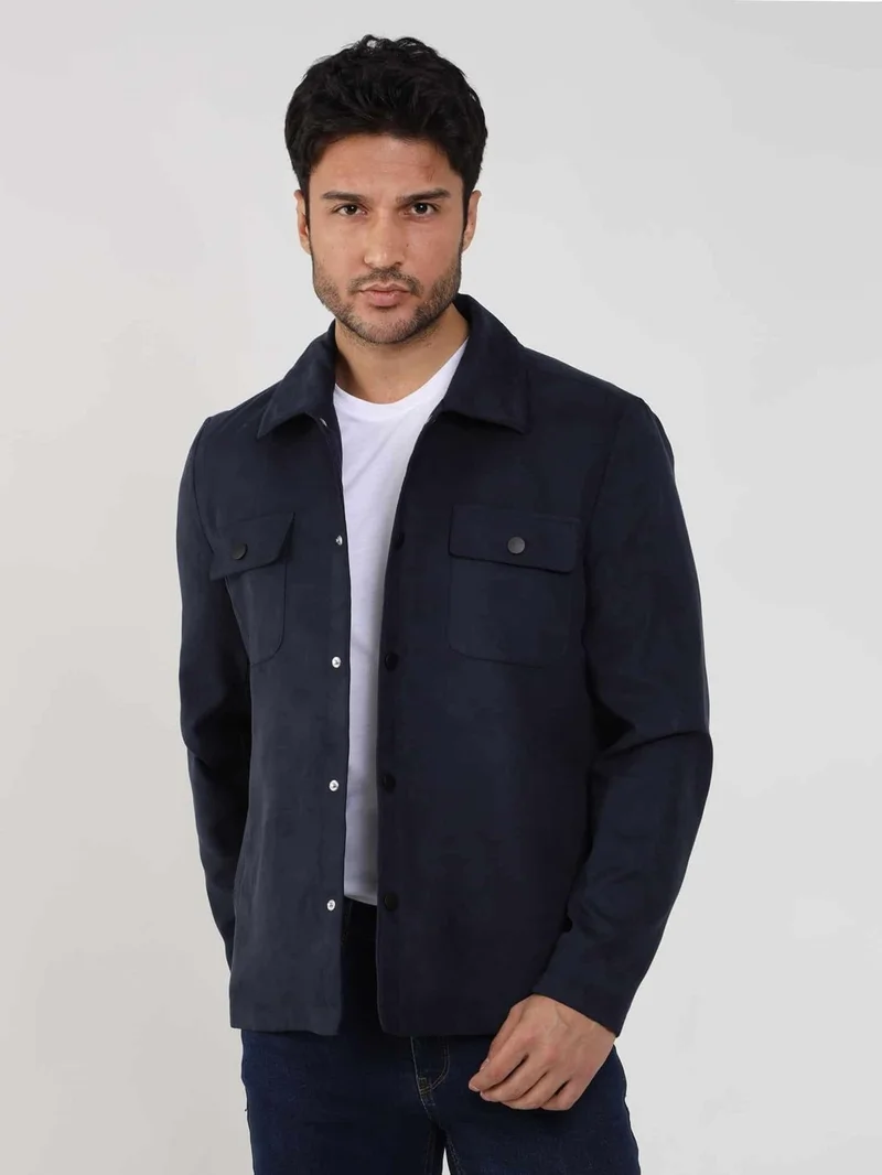 دوفي Navy Blue Men's Regular Fit Plain Classic Collar Suede Coat - 104741