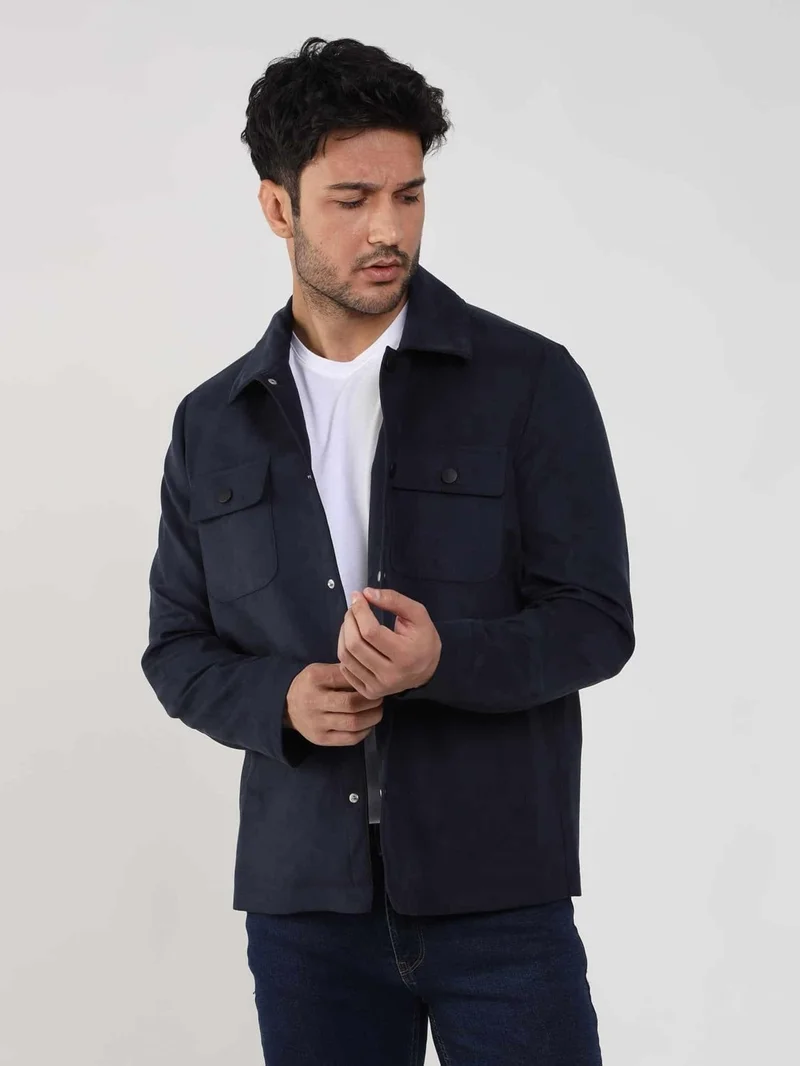 دوفي Navy Blue Men's Regular Fit Plain Classic Collar Suede Coat - 104741
