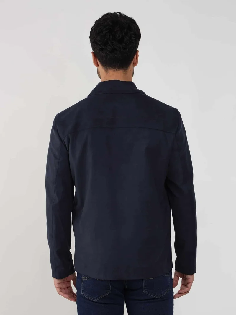 دوفي Navy Blue Men's Regular Fit Plain Classic Collar Suede Coat - 104741