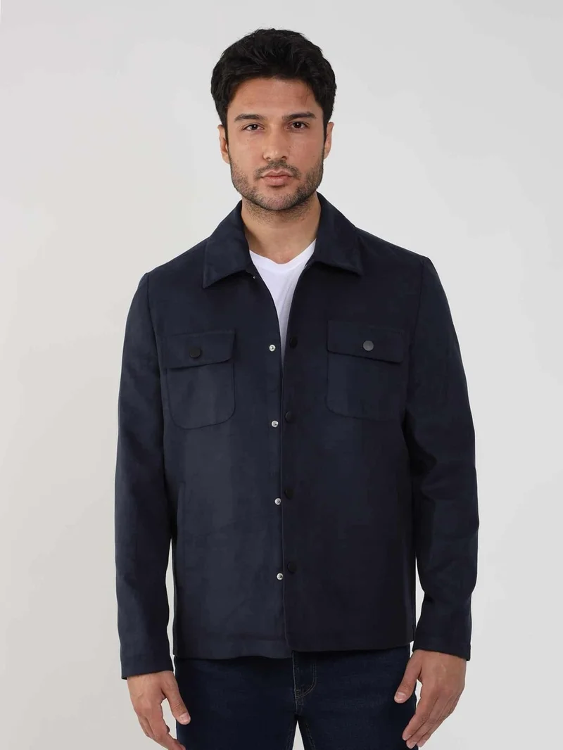 دوفي Navy Blue Men's Regular Fit Plain Classic Collar Suede Coat - 104741
