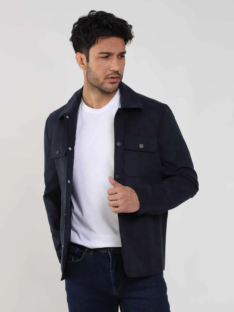 دوفي Navy Blue Men's Regular Fit Plain Classic Collar Suede Coat - 104741