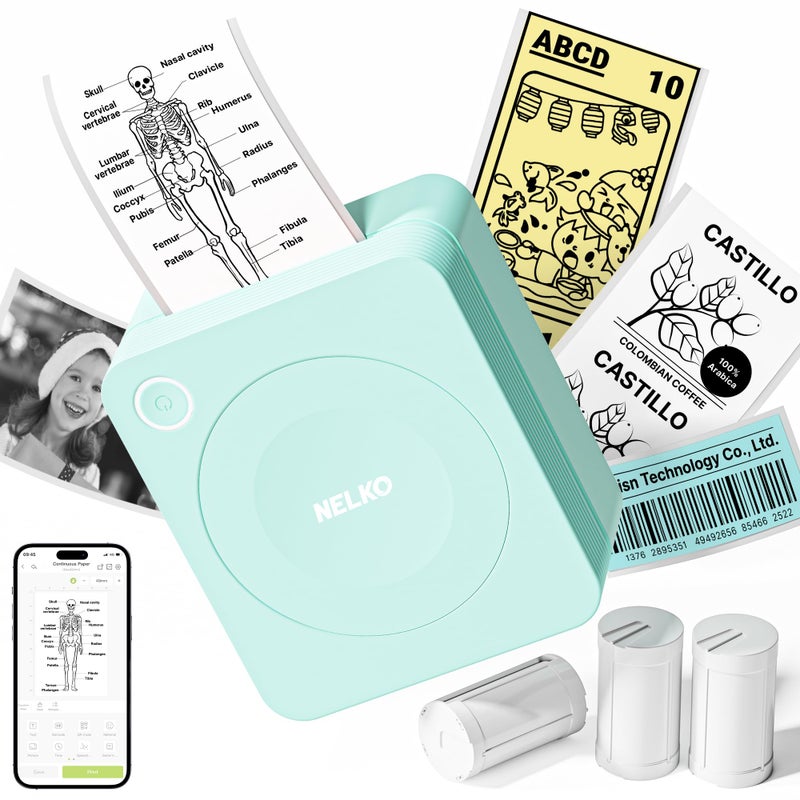 Nelko Sticker Printer PM230 Print Pod Mini Bluetooth Portabel Sticker Maker with 3 Rolls Paper Print Pods with Multiple Templates for Phone Tablet Smart AI APP Family Green - Image 2