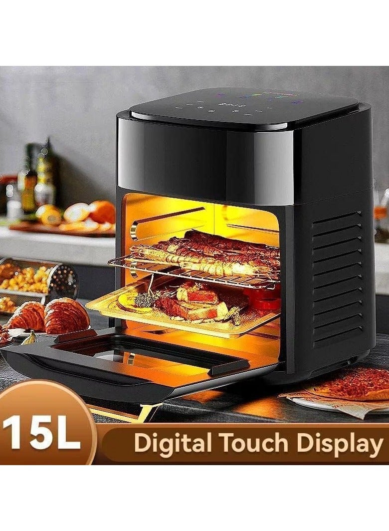 سيلفر كريست فرن قلي هوائي سعة 15 لترًا مع شاشة لمس رقمية LED ونافذة مرئية، خبز كامل بزاوية 360 درجة، إعدادات مسبقة 6 في 1 للخبز والتحميص والتجفيف، سطح طهي غير لاصق، سلة آمنة للاستخدام في غسالة الأطباق، لون أسود - Image 4