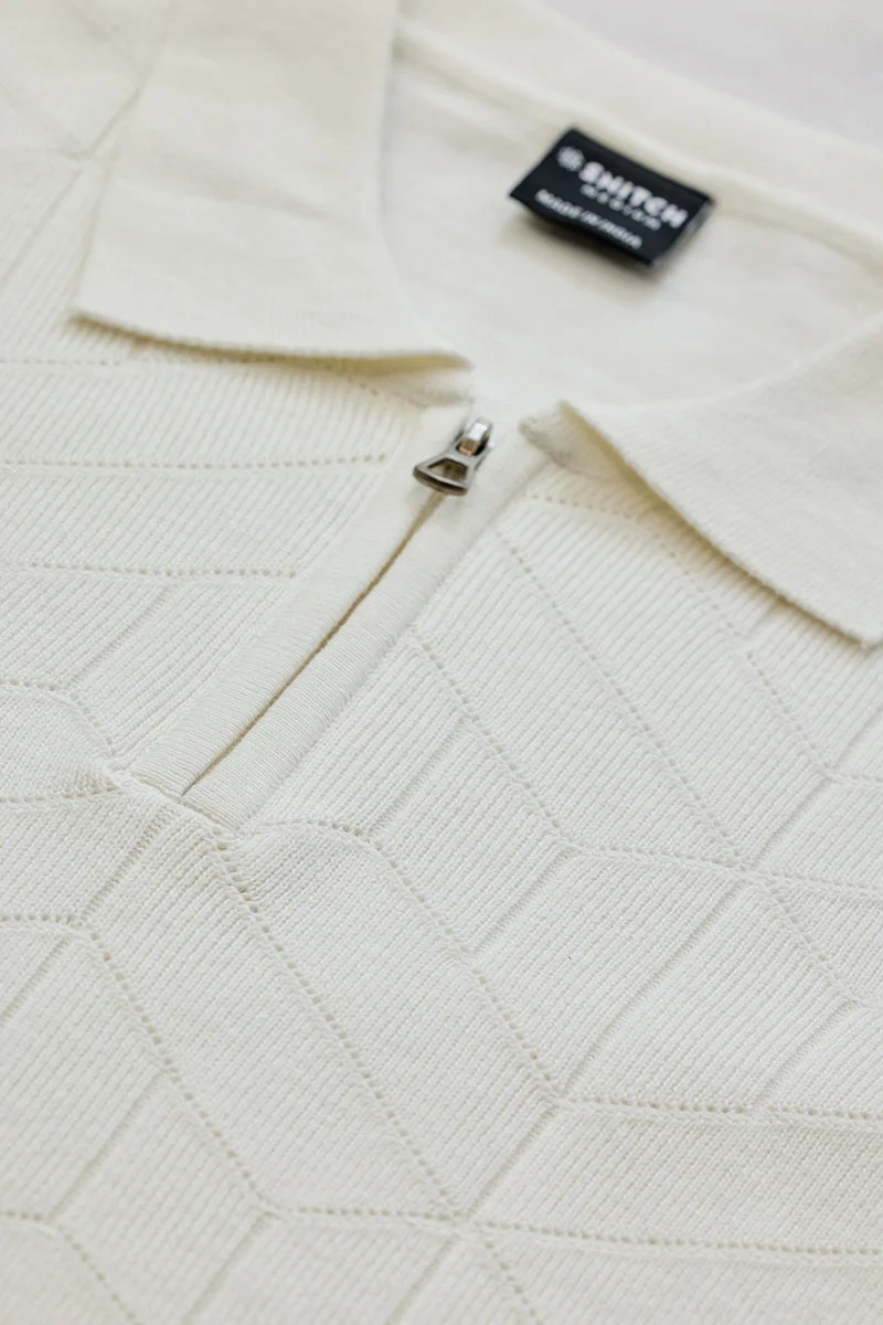SNITCH White Textured Polo Slim Fit T-Shirt