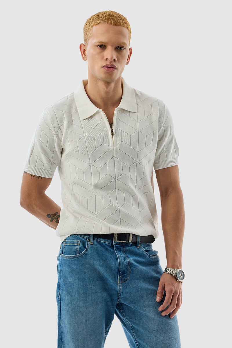 SNITCH White Textured Polo Slim Fit T-Shirt - Image 5
