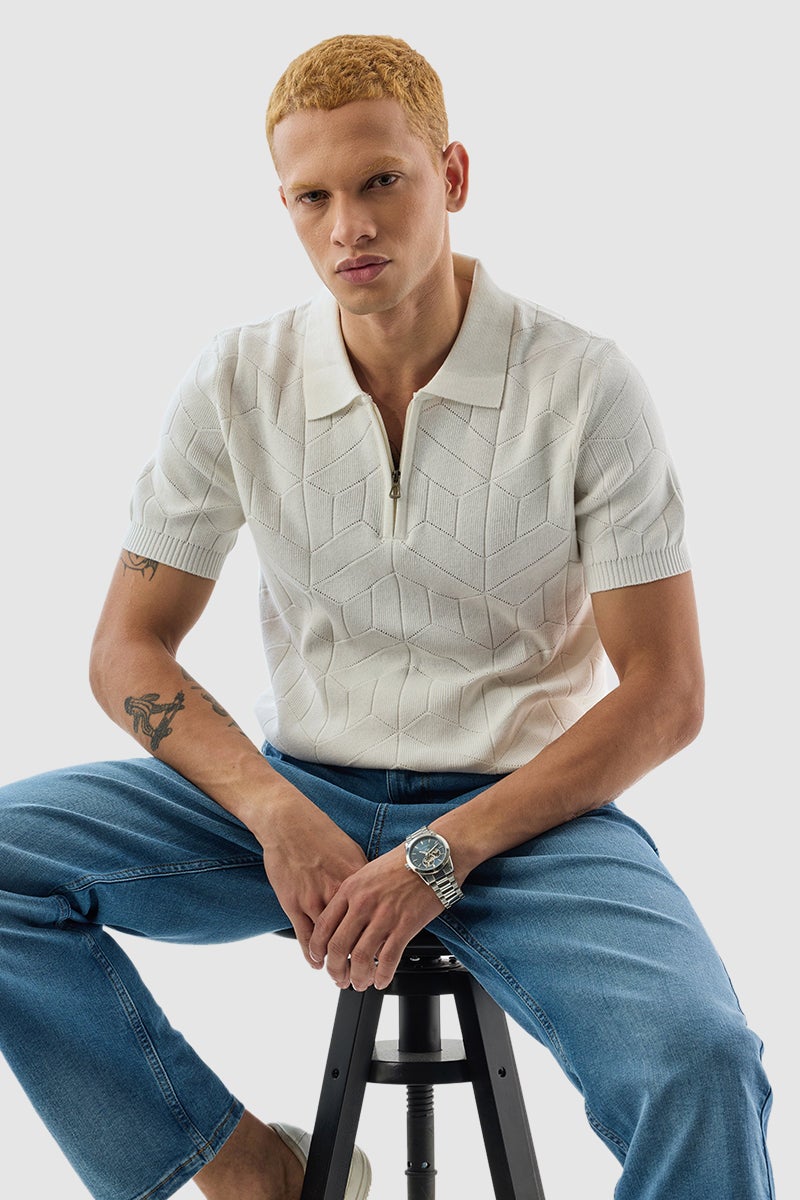 SNITCH White Textured Polo Slim Fit T-Shirt - Image 1