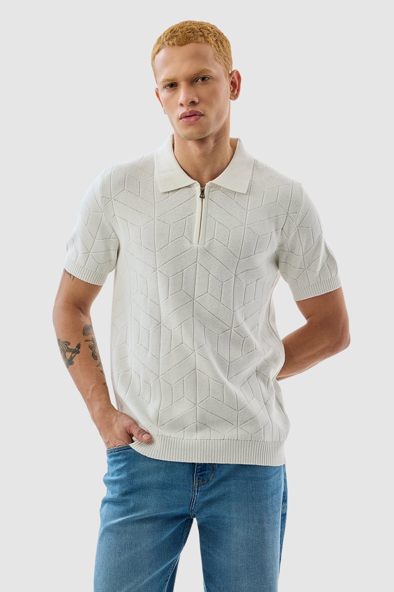 SNITCH White Textured Polo Slim Fit T-Shirt - Image 4