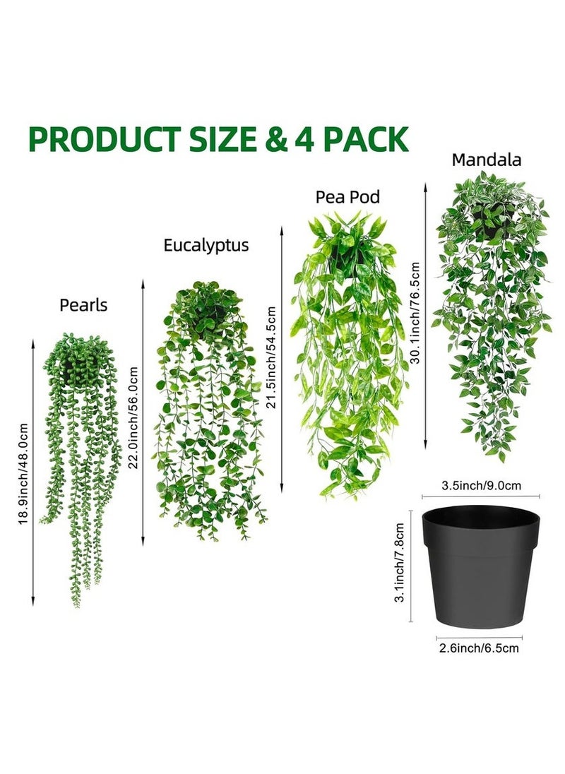 XiuWoo - Artificial Hanging Plants 4 Pack Fake Potted Greenery Faux Eucalyptus Vine, Mandala Vine, String of Pearls,Pea pod Leaves in Pot for Office Living Room Bathroom Indoor Outdoor Décor - Image 1