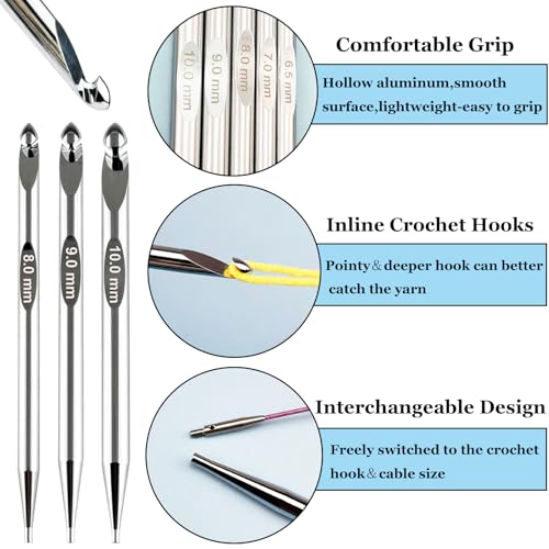 Hobekoee Tunisian Crochet Hooks Set with Cable,12 Size Aluminium Interchangeable Crochet Hook Set Inline Crochet Hooks Afghan Crochet Needles 3mm-10mm - Image 4