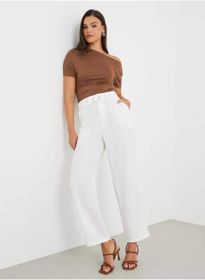 ستايلي Styli Solid Tapered Fit Trousers with Belt Detail
