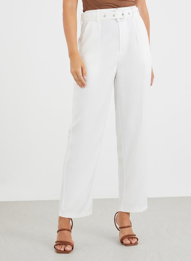 Styli Solid Tapered Fit Trousers with Belt Detail - Image 2