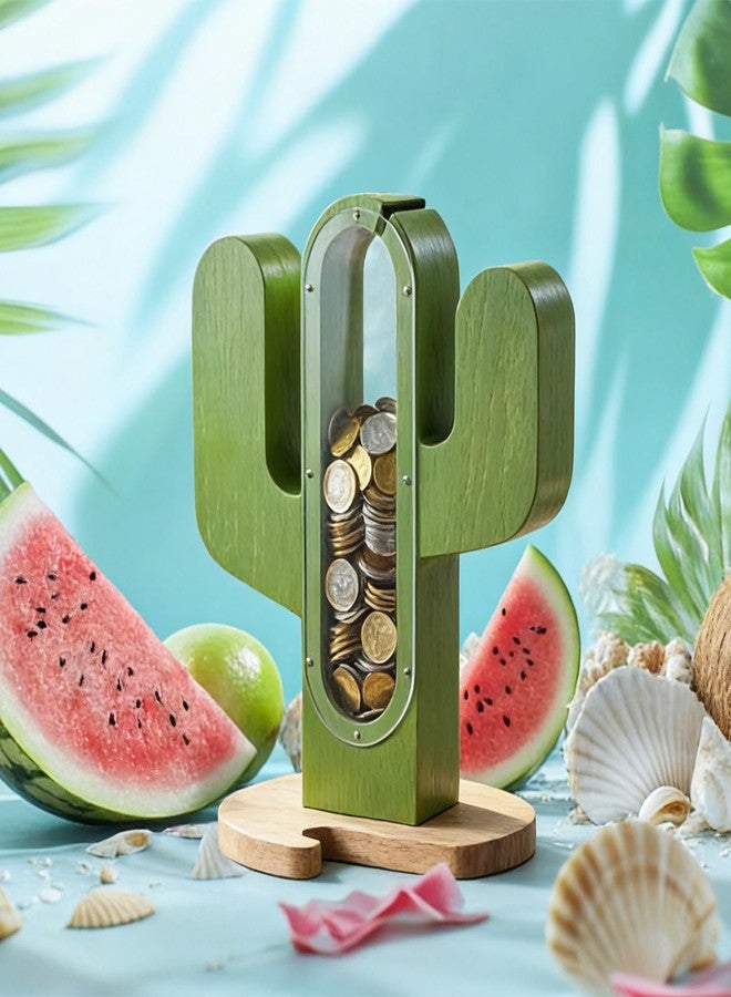 LemonRoad Cactus Shaped Piggy Bank 12 Inch Western Wooden Money Box with Transparent Acrylic Window, Decorative Rustic Savings Coin Bank for Adults & Unique Gift Idea Summer Home Decor - Image 5