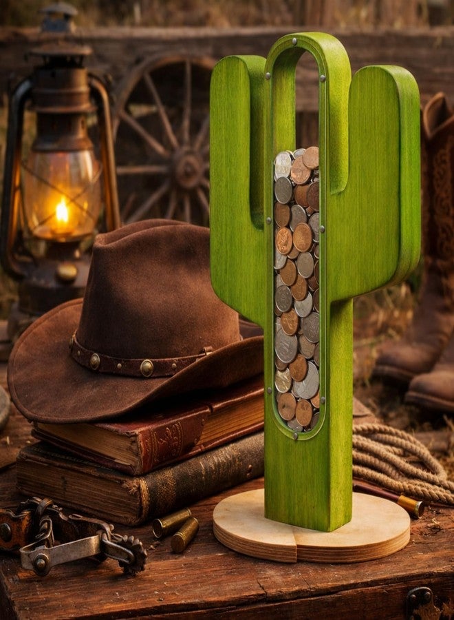 LemonRoad Cactus Shaped Piggy Bank 12 Inch Western Wooden Money Box with Transparent Acrylic Window, Decorative Rustic Savings Coin Bank for Adults & Unique Gift Idea Summer Home Decor - Image 2