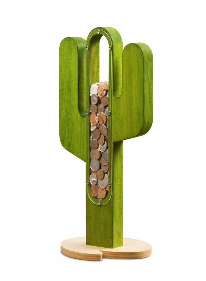 LemonRoad Cactus Shaped Piggy Bank 12 Inch Western Wooden Money Box with Transparent Acrylic Window, Decorative Rustic Savings Coin Bank for Adults & Unique Gift Idea Summer Home Decor - Image 1