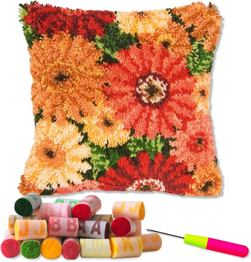 LAPATAIN Latch Hook Kits for DIY Throw Pillow Cover,Colorful Flowers Pattern Needlework Cushion Cover Hand Craft Crochet for Great Family 17x17inch - Image 1