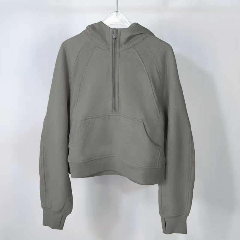 American Style Hooded Autumn and Winter Yoga Suit Half Zip terry Sweat Casual Loose Short fleece-lined Sweat Green 