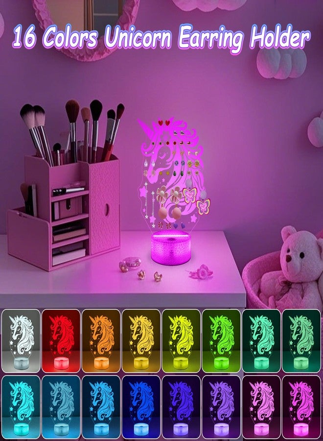 منظم أقراط CoolGift Mart - عرض ثلاثي الأبعاد متوهج على شكل وحيد القرن السحري مع جهاز تحكم عن بعد بإضاءة LED بـ 16 لونًا و77 فتحة | تخزين مجوهرات مكتبي من الأكريليك وإضاءة مزاجية ذكية بمؤقت - Image 3