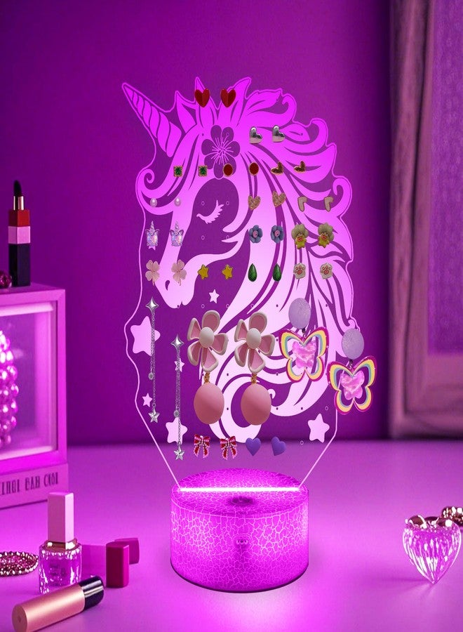 منظم أقراط CoolGift Mart - عرض ثلاثي الأبعاد متوهج على شكل وحيد القرن السحري مع جهاز تحكم عن بعد بإضاءة LED بـ 16 لونًا و77 فتحة | تخزين مجوهرات مكتبي من الأكريليك وإضاءة مزاجية ذكية بمؤقت - Image 1