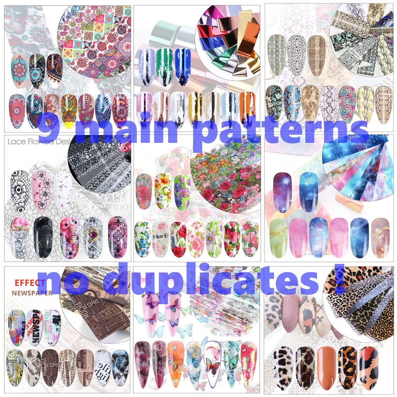 Bagvhandbagro 100 Sheets Nail Foil Transfer Sticker Kit, Art Decals Tips Starry Sky Laser Flower Leopard Print DIY Decorations Supplies Design - Image 2