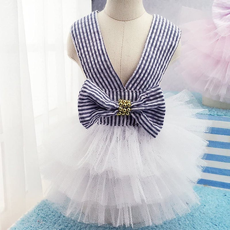 TAPBULL Dog Dresses, Fashion Pet Dog Clothes, Striped Mesh Puppy Dog Princess Dresses (Blue, X-Small) - Image 2
