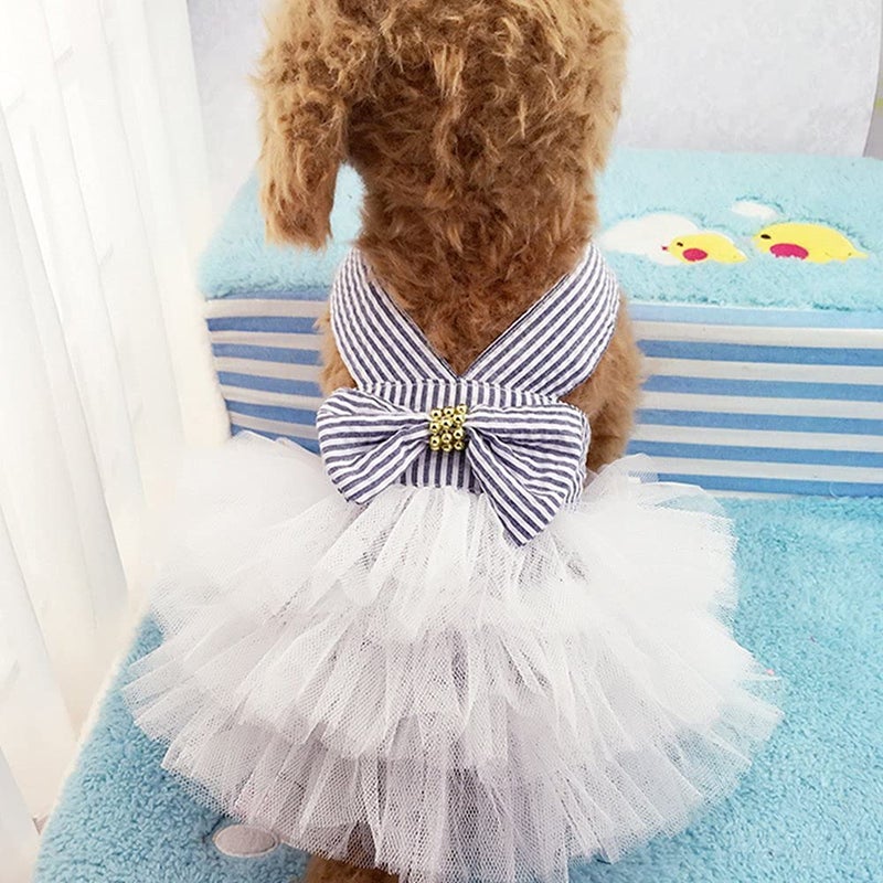 TAPBULL Dog Dresses, Fashion Pet Dog Clothes, Striped Mesh Puppy Dog Princess Dresses (Blue, X-Small) - Image 1