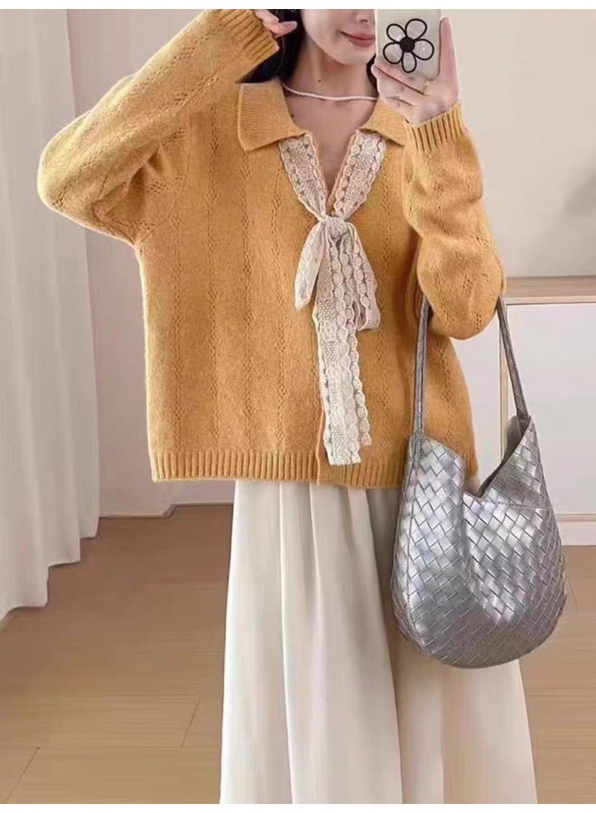Leyuan New Autumn And Winter Lace Tie Round Neck Knitted Cardigan Top Long Sleeve Coat Loose Casual Women's Sweater - Image 5