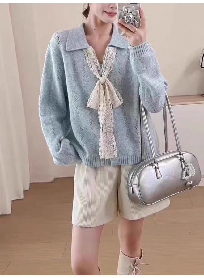 Leyuan New Autumn And Winter Lace Tie Round Neck Knitted Cardigan Top Long Sleeve Coat Loose Casual Women's Sweater - Image 1