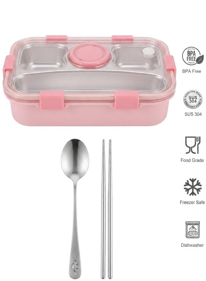 Happy Home 304 Stainless Steel Bento Lunch Box with 4 Compartments, Leak Proof Transparent Lid, BPA Free Reusable Food Storage Container with Sauce Cup, Lunch Box for Kids, Adults, School, Office, Work, Picnic, Travel, Easy to Clean, Rust Resistant, Durable 650ml + 50ml Pink Bento Box - Image 1