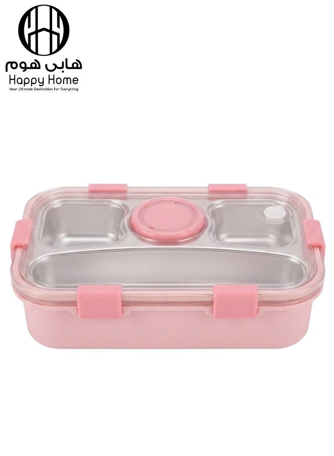 Happy Home 304 Stainless Steel Bento Lunch Box with 4 Compartments, Leak Proof Transparent Lid, BPA Free Reusable Food Storage Container with Sauce Cup, Lunch Box for Kids, Adults, School, Office, Work, Picnic, Travel, Easy to Clean, Rust Resistant, Durable 650ml + 50ml Pink Bento Box - Image 2