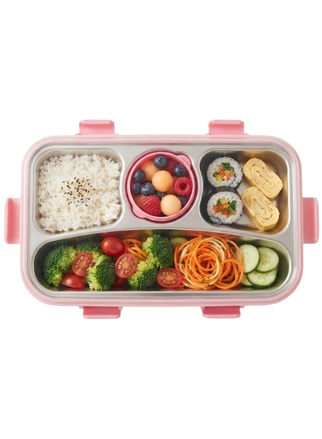 Happy Home 304 Stainless Steel Bento Lunch Box with 4 Compartments, Leak Proof Transparent Lid, BPA Free Reusable Food Storage Container with Sauce Cup, Lunch Box for Kids, Adults, School, Office, Work, Picnic, Travel, Easy to Clean, Rust Resistant, Durable 650ml + 50ml Pink Bento Box - Image 3
