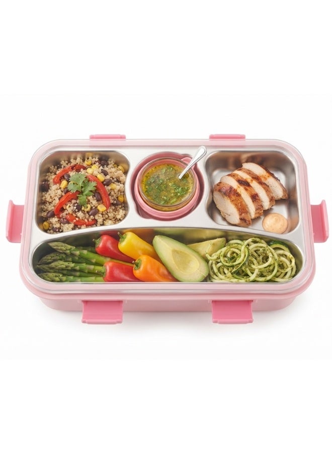 Happy Home 304 Stainless Steel Bento Lunch Box with 4 Compartments, Leak Proof Transparent Lid, BPA Free Reusable Food Storage Container with Sauce Cup, Lunch Box for Kids, Adults, School, Office, Work, Picnic, Travel, Easy to Clean, Rust Resistant, Durable 650ml + 50ml Pink Bento Box - Image 4