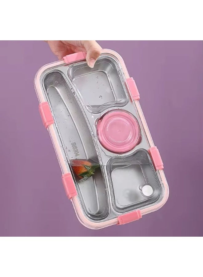 Happy Home 304 Stainless Steel Bento Lunch Box with 4 Compartments, Leak Proof Transparent Lid, BPA Free Reusable Food Storage Container with Sauce Cup, Lunch Box for Kids, Adults, School, Office, Work, Picnic, Travel, Easy to Clean, Rust Resistant, Durable 650ml + 50ml Pink Bento Box - Image 5