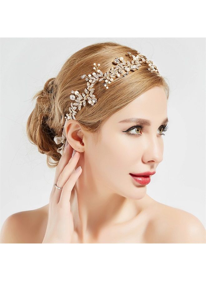BABEYOND إكليل رأس العروس اليدوي لزفاف الشعر مع كريستالات وأوراق زهرية مع شريط ساتان (ذهبي) - Image 1
