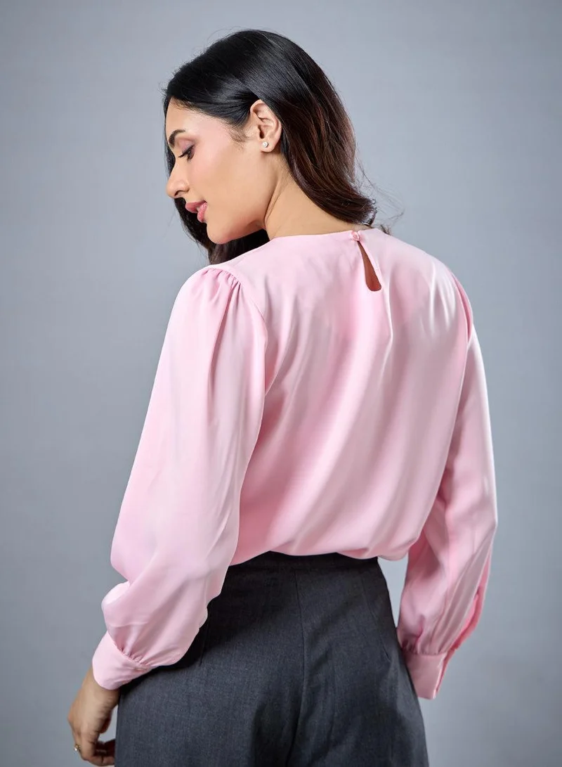 Zigzag  Neck Detailed Light Pink Chiffon Top for Women | Best Price UAE