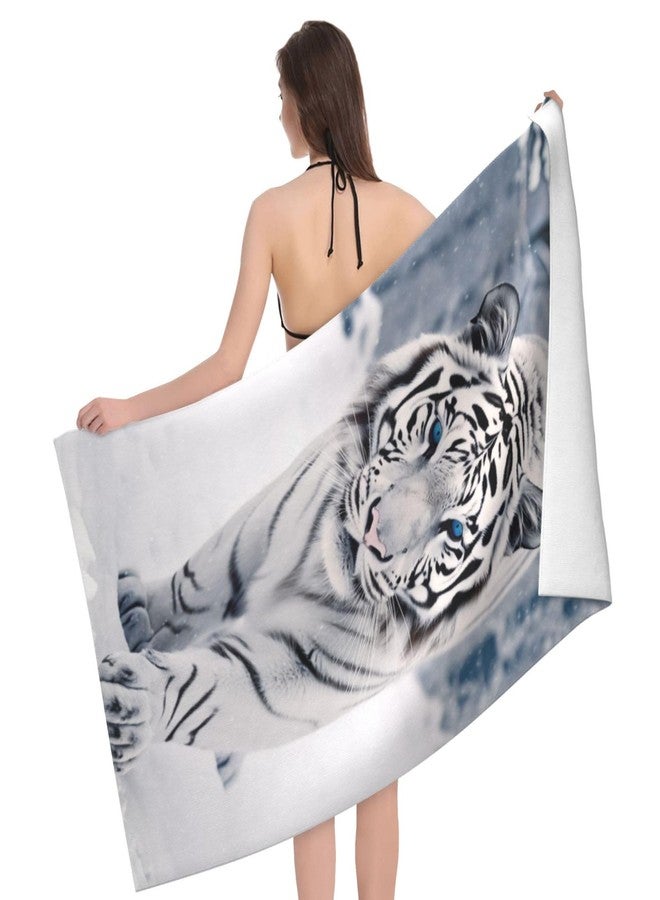 MIEPOS Cool Tiger Beach Towel,32x52in,Quick-Dry Sand-Free Animal Bath Towels,Microfiber Lightweight for Travel Pool Yoga Beach Outdoor Activities Decor Accessories Gifts (Snow White Tiger) - Image 2