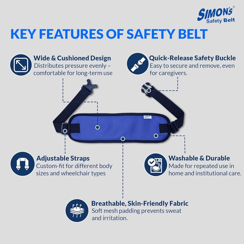 Simon's Simon’s Wheelchair Safety Belt – Padded, Breathable Restraint Belt for Elderly | Adjustable Mobility Aid with Secure Clips | Fall Prevention for Wheelchair, Chair & Commode – Blue - Image 3