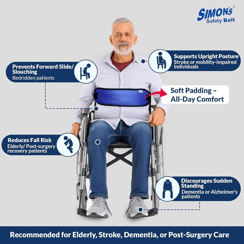 Simon's Simon’s Wheelchair Safety Belt – Padded, Breathable Restraint Belt for Elderly | Adjustable Mobility Aid with Secure Clips | Fall Prevention for Wheelchair, Chair & Commode – Blue - Image 2