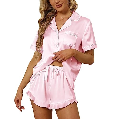 SAPJON Satin Silk Pajamas for Women 2Pcs Ruffle Notch Collar Sleepwear Button Down Short Sleeve Shorts Pjs Set Loungewear Pink - Image 1