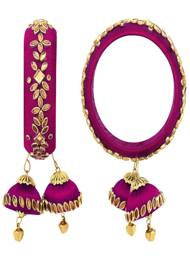 Peora Rani Pink Silk Thread Floral Design with Dangling Jhumki Chuda Chura Bangle Set for Women Girls - Image 3