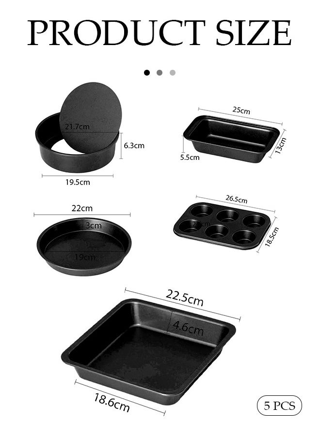 DUNISO 5 Pieces of Bakeware Set, non stick baking mold set, carbon steel cake mold set, with pizza tray, round, square baking tray, cake mold plate, suitable for novice bakers（black ）  - Image 3