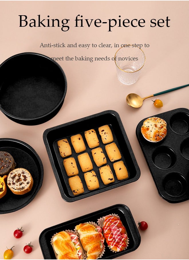 DUNISO 5 Pieces of Bakeware Set, non stick baking mold set, carbon steel cake mold set, with pizza tray, round, square baking tray, cake mold plate, suitable for novice bakers（black ）  - Image 4