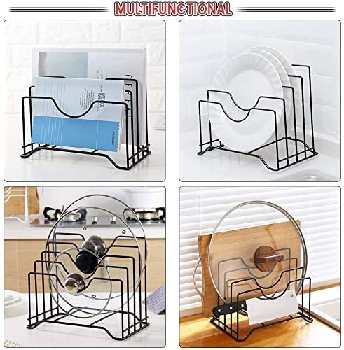 FAYBY Cast Iron Pan Rack Organizer 4 Slot Pot Lid Holders Bakeware Rack Kitchen Cookware Pantry Cabinet Storage Rack with Compartments BlackWhite - Image 5