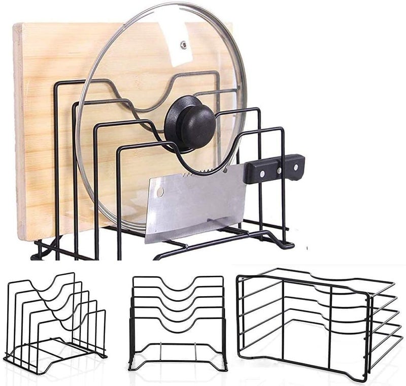 FAYBY Cast Iron Pan Rack Organizer 4 Slot Pot Lid Holders Bakeware Rack Kitchen Cookware Pantry Cabinet Storage Rack with Compartments BlackWhite - Image 3