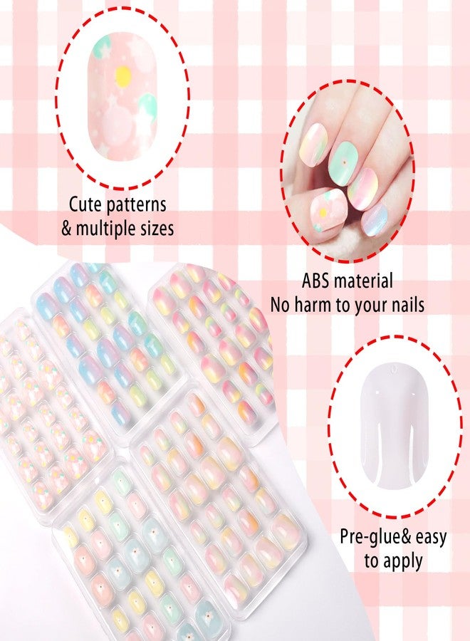 SIUSIO 120Pcs 5 Pack Press on Nails kids Children Acrylic Fake Nails Cute Pre-glue Full Cover Gradient Color Rainbow Short Stick On False Nail Art Kits Set for Kids Little Girls - Gradient Paradise - Image 4