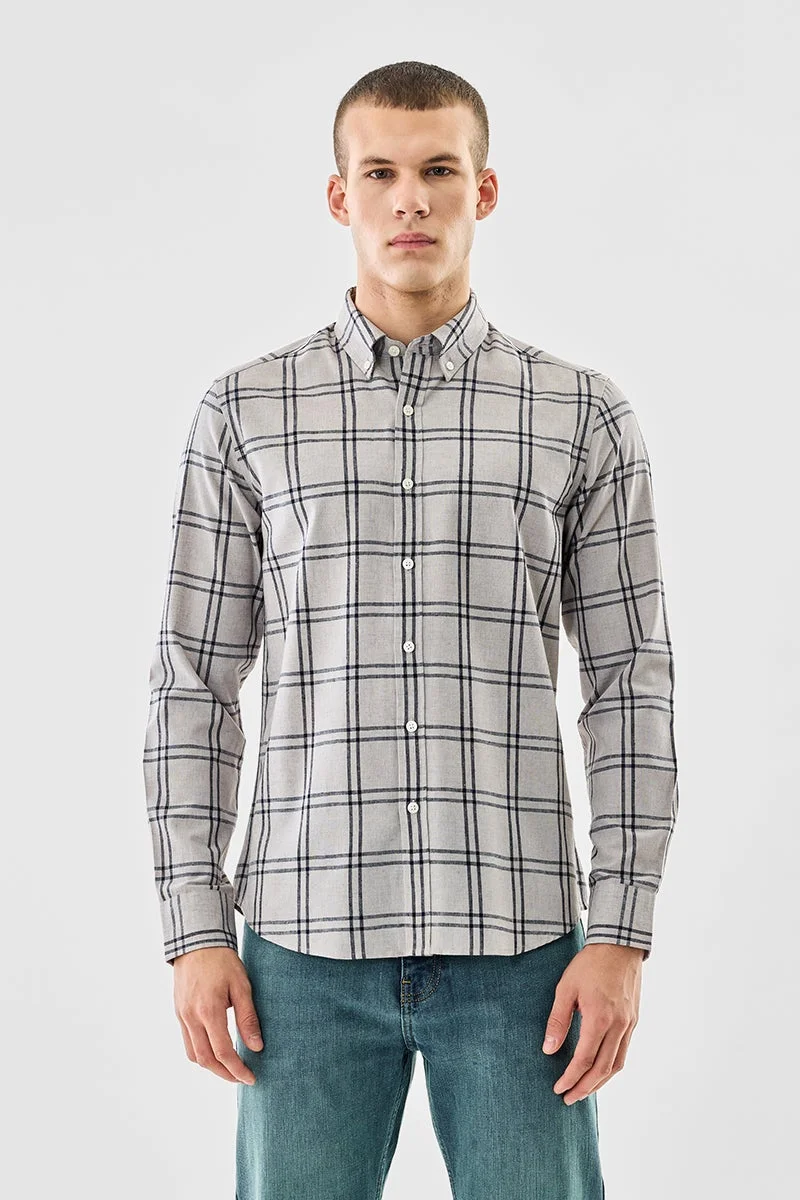 سنيتش Grey Checkered Long Sleeve Slim Fit Shirt