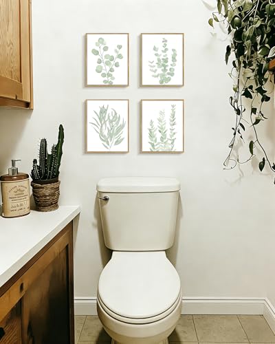 Drsoum Framed Botanical Plant Canvas Wood Wall Art Light Green Sage Wall Decor Eucalyptus Leaf Picture for Bedroom Living Room Bathroom Office 8x 10 x 4pcs - Image 3