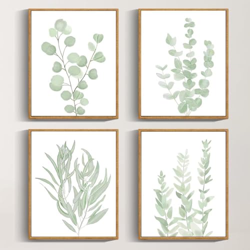 Drsoum Framed Botanical Plant Canvas Wood Wall Art Light Green Sage Wall Decor Eucalyptus Leaf Picture for Bedroom Living Room Bathroom Office 8x 10 x 4pcs - Image 1