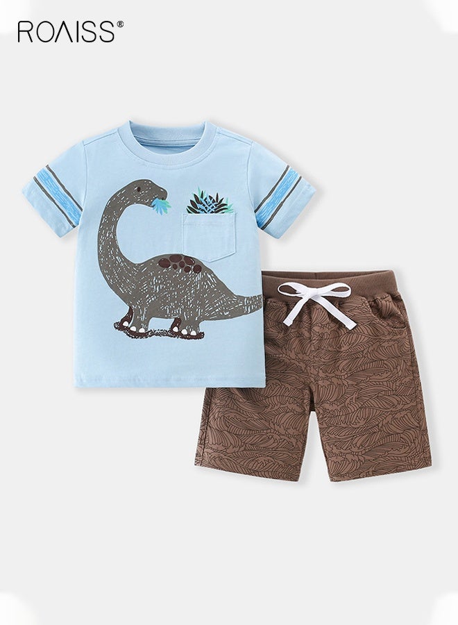 roaiss Little Boy T-Shirt and Shorts Set, Stylish 2-Piece Outfit for Toddler Boys, Summer Cotton Outfit with Dinosaur Pattern Top and Drawstring Shorts, Perfect for Daily Wear or Various Occasions  - Image 1